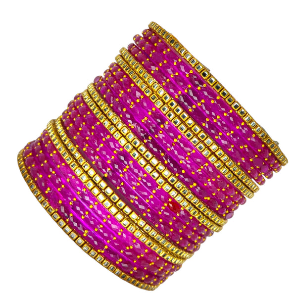 Traditional Rani Pink Raindrop Glass Bangles with Golden metal Kundan chudi