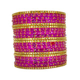 Traditional Rani Pink Raindrop Glass Bangles with Golden metal Kundan chudi