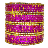 Traditional Rani Pink Raindrop Glass Bangles with Golden metal Kundan chudi