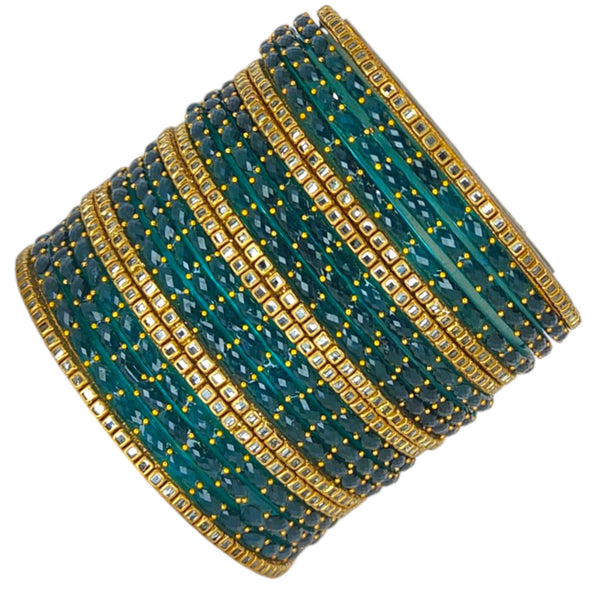 Traditional Radium Raindrop Glass Bangles with Golden metal Kundan chudi