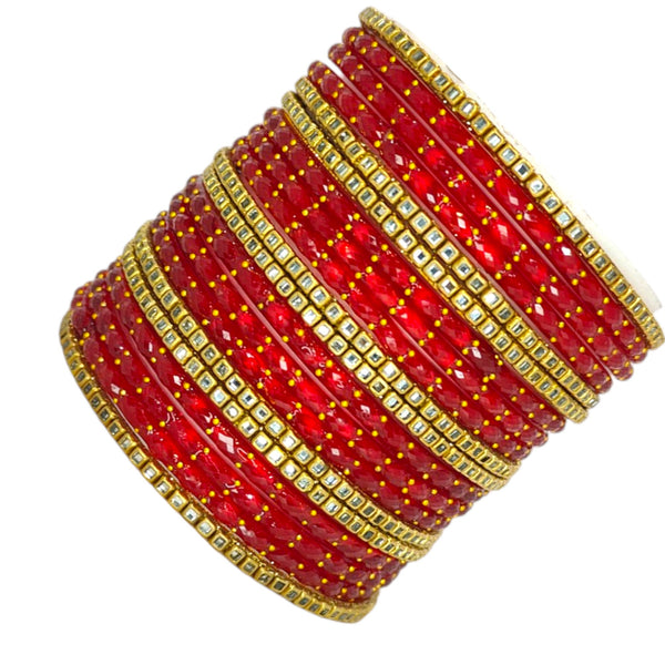 Traditional Red Raindrop Glass Bangles with Golden metal Kundan chudi