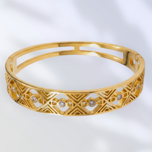 Gold Plated Geometric Cutwork Bracelet for Women | Crystal Stone Stainless Steel