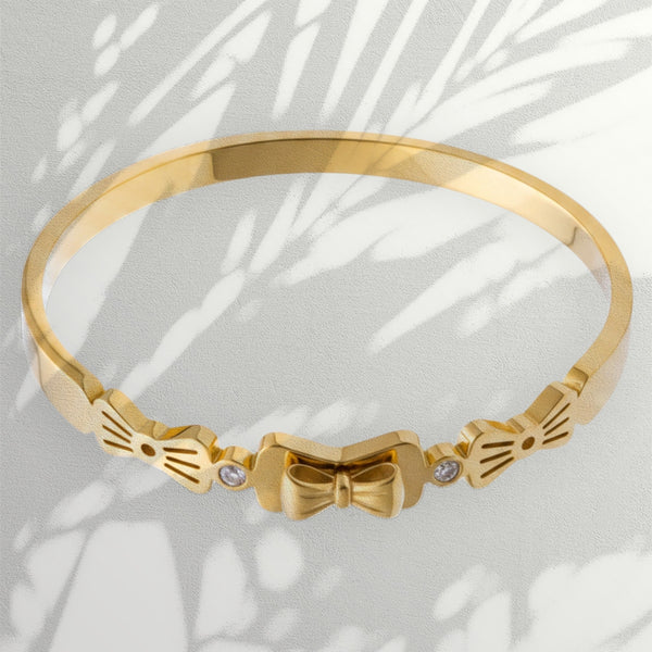 Gold Plated Stainless Steel Crystal Bow Knot Kada Bracelet for Women