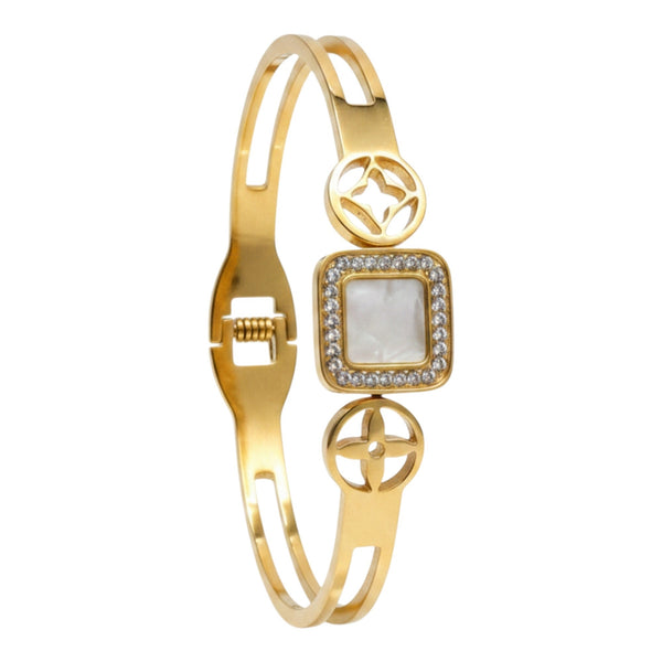 Gold Plated Stainless Steel Square CZ White Shell Kada Bracelet for Women