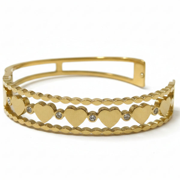 Gold Plated Anti Tarnish Heart Stainless Steel CZ Cuff Bracelet for Women