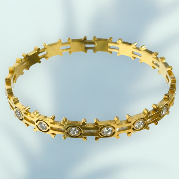 Gold Plated Anti Tarnish Stainless Steel Solitaire CZ Cutout Chain Link Kada for Women