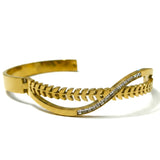 Gold Plated Anti Tarnish Stainless Steel Leaf Crossover CZ Wave Kada for Women