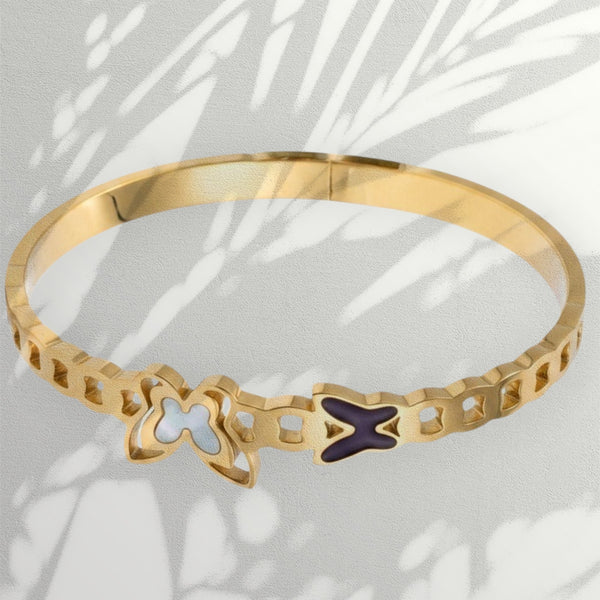 Gold Plated Anti Tarnish Stainless Steel Dual Butterfly Enamel White Shell Kada for Women
