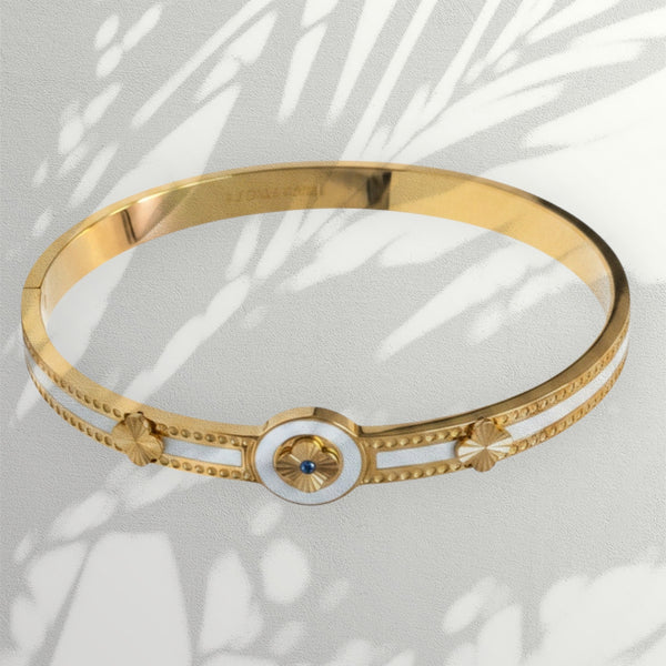Gold Plated White Enamel Blue Stone Floral Charm Oval Cuff bracelet  for Women