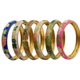 Gold Plated 6 Piece Flower Enamel Hinged Bangle Bracelet Set
