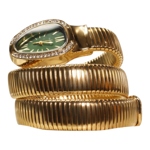Gold Plated Green Dial Rhinestone Snake Shape Flexible Coil Bracelet Watch for Women