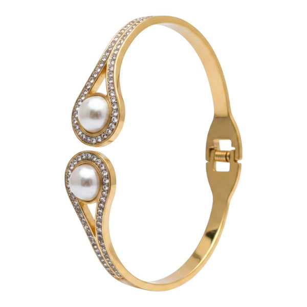 Gold Plated Pearl CZ Teardrop Open Cuff Bangle Bracelet for Women