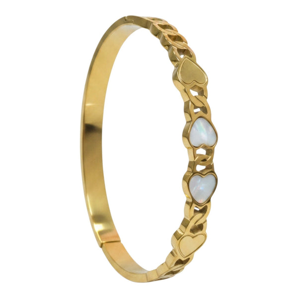 Gold Plated Anti Tarnish Stainless Steel Pearl Heart Hinged Bangle Bracelet for Women