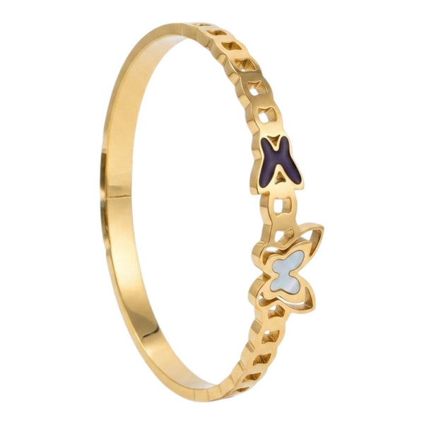 Gold Plated Anti Tarnish Stainless Steel Dual Butterfly Enamel White Shell Kada for Women
