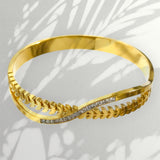 Gold Plated Anti Tarnish Stainless Steel Leaf Crossover CZ Wave Kada for Women