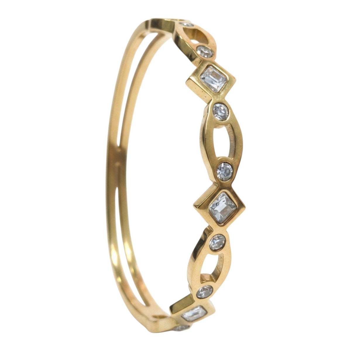 Gold Plated Geometric Infinity Link Pattern CZ Bracelet Kada for Women