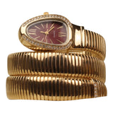 Gold Plated Maroon Dial Rhinestone Snake Shape Flexible Coil Bracelet Watch for Women