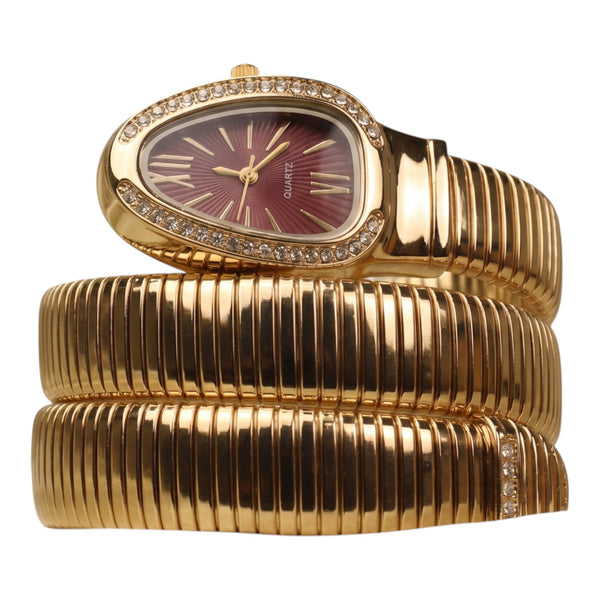 Gold Plated Maroon Dial Rhinestone Snake Shape Flexible Coil Bracelet Watch for Women