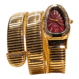 Gold Plated Maroon Dial Rhinestone Snake Shape Flexible Coil Bracelet Watch for Women