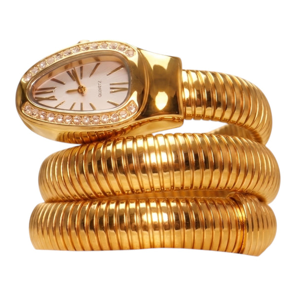 Gold Plated white Dial Rhinestone Snake Shape Flexible Coil Bracelet Watch for Women